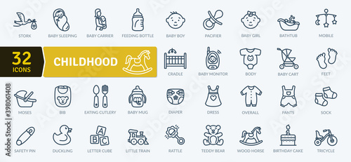 Childhood Icons Pack. Thin line icons set. Flat icon collection set. Simple vector icons
