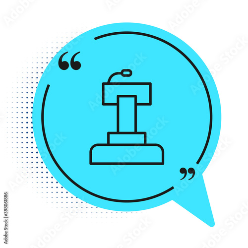 Black line Stage stand or debate podium rostrum icon isolated on white background. Conference speech tribune. Blue speech bubble symbol. Vector.
