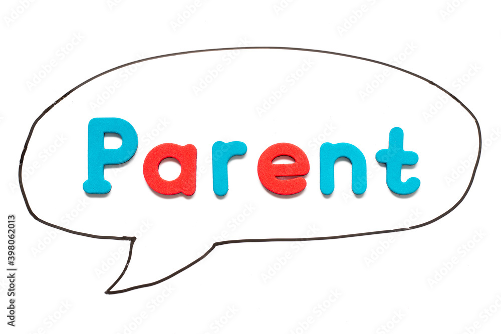 Fototapeta premium Alphabet letter with word parent in black line hand drawing as bubble speech on white board background