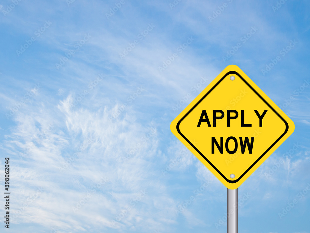 Naklejka premium Yellow color transportation sign with word apply now on blue cloud sky background