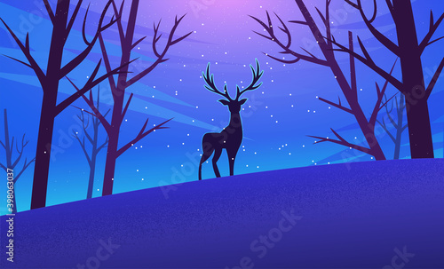 Christmas card with cute landscape, deer and trees. Winter landscape