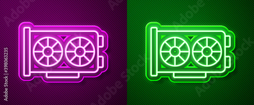 Glowing neon line Video graphic card icon isolated on purple and green background. Vector.