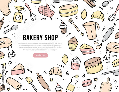Hand drawn set of baking and cooking tools, mixer, cake, spoon, cupcake, scale. Doodle sketch style. Illustration for banner, menu, recipe book, baking site design.