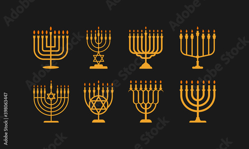 Menorah icon design in gold colors isolated on black background. Vector