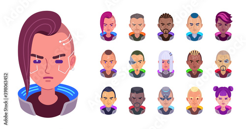 Vector set of cyberpunk avatars. Futuristic girls and men with a different implants. Customized portraits of a cyborgs. Heads are augmented with thin facial bionic parts. Cute sci-fi fashion.