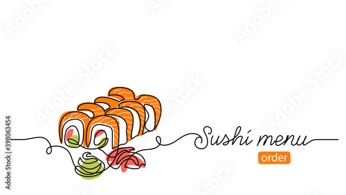 Sushi roll vector banner, background. One continuous line art drawing banner with text sushi menu for order, delivery.