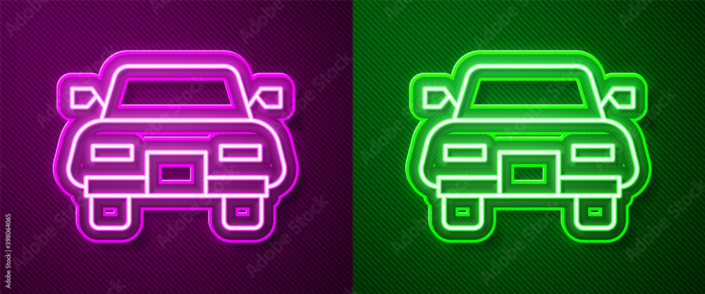 Glowing neon line Car icon isolated on purple and green background. Vector. Glowing neon line Car icon isolated on purple and green background. Vector.