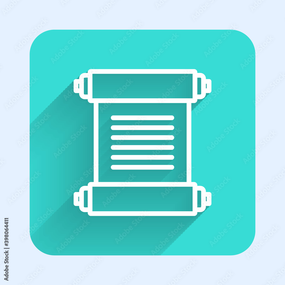 White line Decree, paper, parchment, scroll icon icon isolated with long shadow. Green square button. Vector.