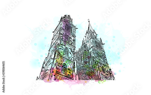 Building view with landmark of Nuremberg is the 
city of Germany. Watercolour splash with hand drawn sketch illustration in vector.