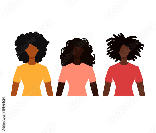 Group of black female students in casual clothes. Minimal faceless characters icon. Flat design vector illustration isolated on white.