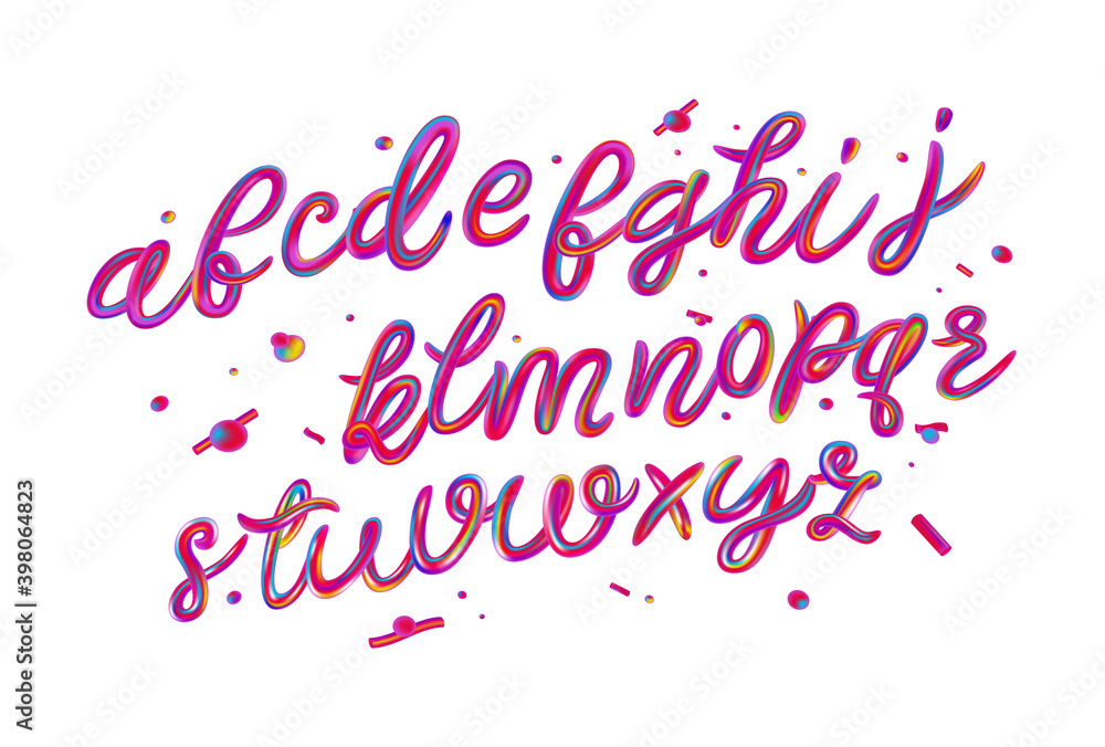 Alphabet set of iridescence holographic and multicolour 3d letters isolated on black background for poster, flyer, banner or design element. Psychedelic color typography. Vector. Alphabet set of iridescence holographic and multicolour 3d letters isolated on black background for poster, flyer, banner or design element. Psychedelic color typography. Vector.