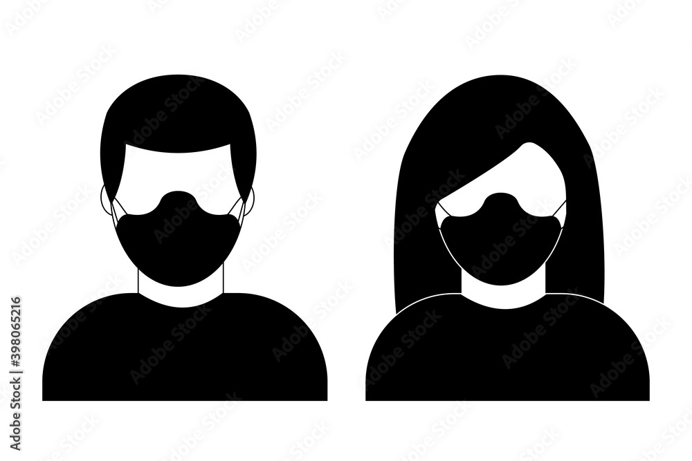 Man and Woman in medical face protection mask. illustration for disease, sickness. Vector icon of people wearing protective surgical mask. Man and Woman in medical face protection mask. illustration for disease, sickness. Vector icon of people wearing protective surgical mask.