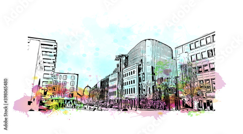 Building view with landmark of Nuremberg is the 
city of Germany. Watercolour splash with hand drawn sketch illustration in vector.