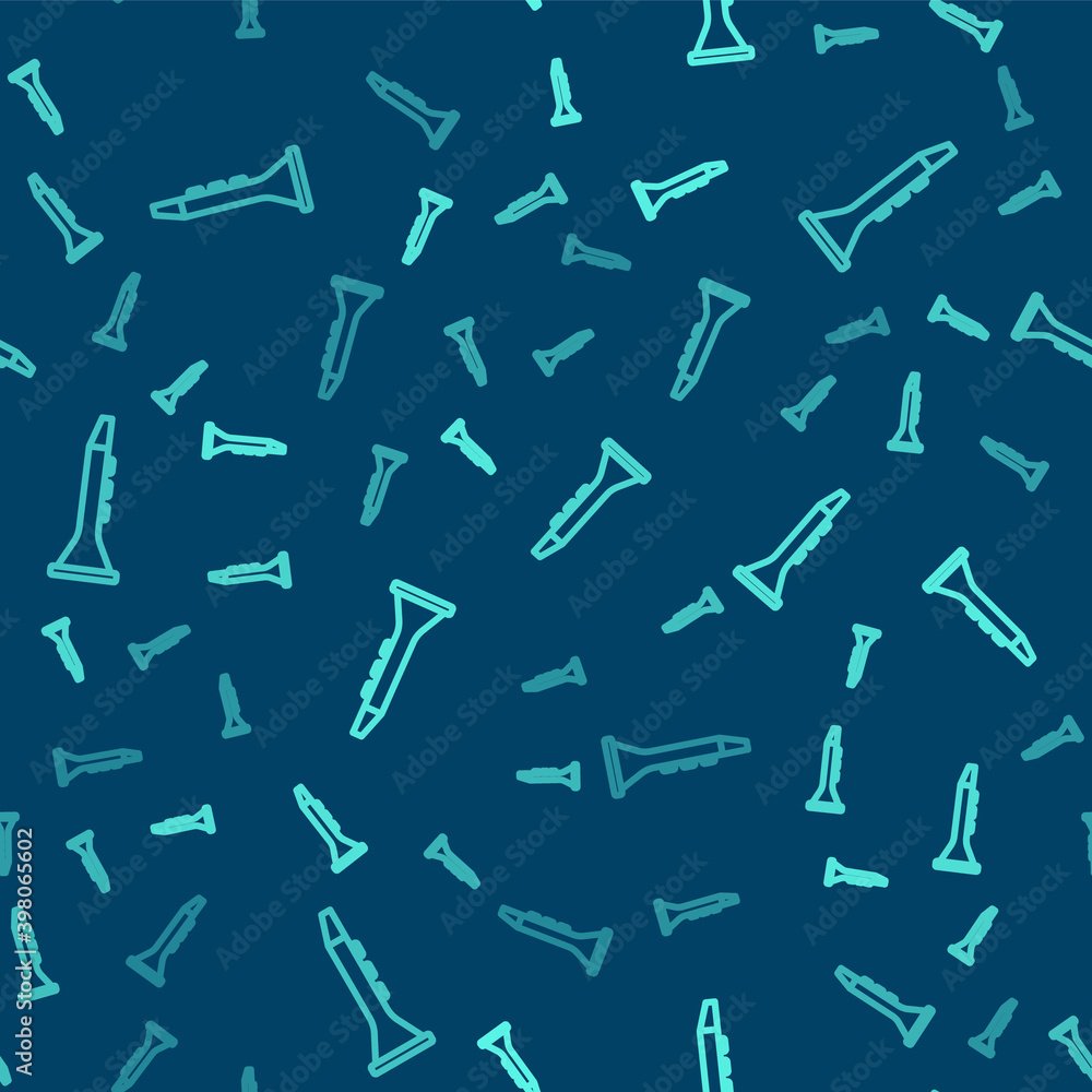 Green line Clarinet icon isolated seamless pattern on blue background. Musical instrument. Vector. Green line Clarinet icon isolated seamless pattern on blue background. Musical instrument. Vector.