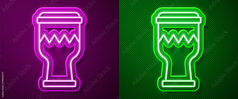 Glowing neon line Drum icon isolated on purple and green background. Music sign. Musical instrument symbol. Vector. Glowing neon line Drum icon isolated on purple and green background. Music sign. Musical instrument symbol. Vector.