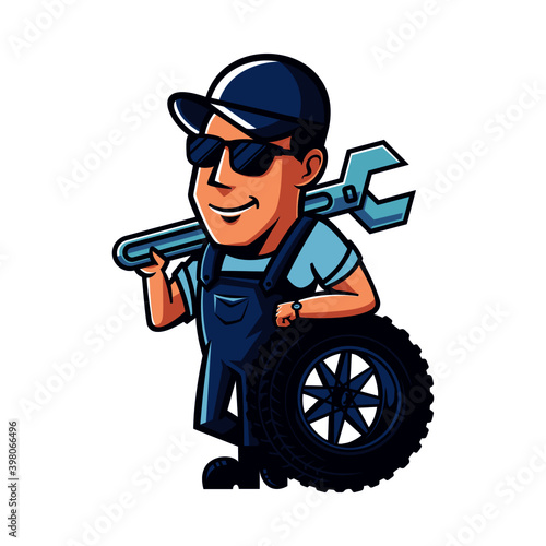 Mechanic mascot bring wrench and tyre