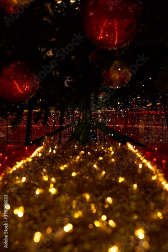 the new year's red and yellow garland and balls looks like universe