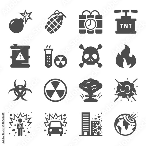 Explosion and Bomb icon set. Terrorism Atomic atom radiation  smoke fusion Nuclear
Included missile radioactive shelter effect