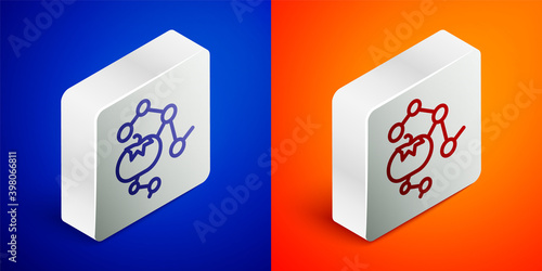Isometric line Genetically modified food icon isolated on blue and orange background. GMO fruit. Silver square button. Vector.