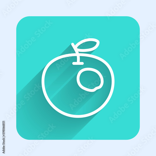 White line Genetically modified apple icon isolated with long shadow. GMO fruit. Green square button. Vector.