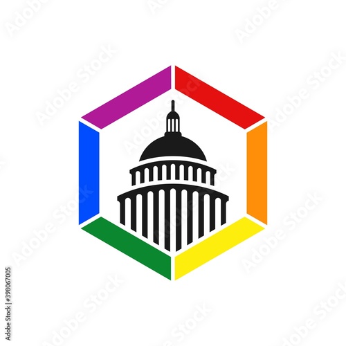 Capitol dome icon in Washington DC. Hexagon shape LGBT rainbow pride flag symbol.