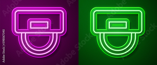 Glowing neon line Bellboy hat icon isolated on purple and green background. Hotel resort service symbol. Vector.