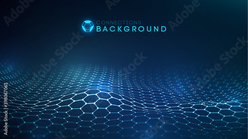 Network connection concept blue vector illustration. Futuristic hexagon perspective wide angle lanscape. Futuristic honeycomb concept. 3d landscape. Big data digital background.