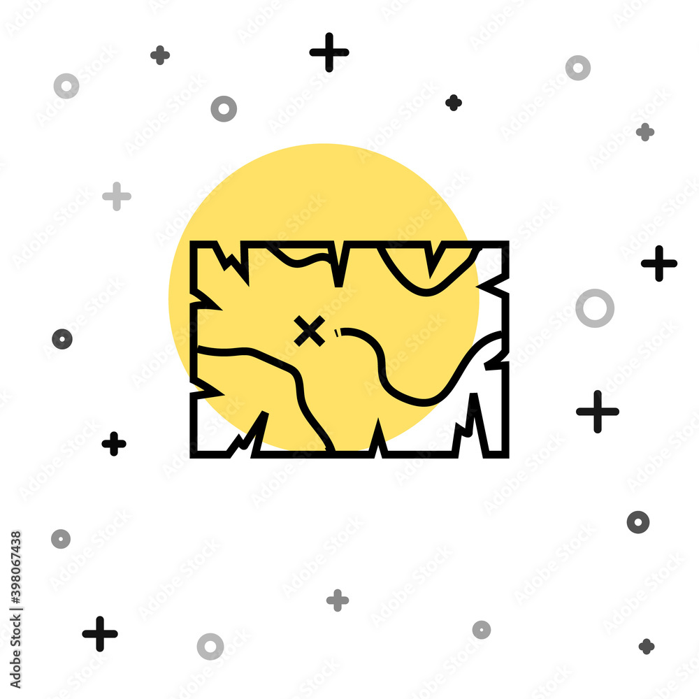 Black line Pirate treasure map icon isolated on white background. Random dynamic shapes. Vector. Black line Pirate treasure map icon isolated on white background. Random dynamic shapes. Vector.
