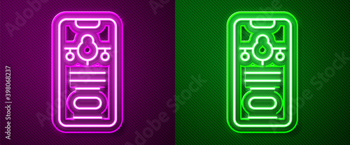 Glowing neon line Smartphone with electronic boarding pass airline ticket icon isolated on purple and green background. Passenger plane mobile ticket for web and app. Vector.
