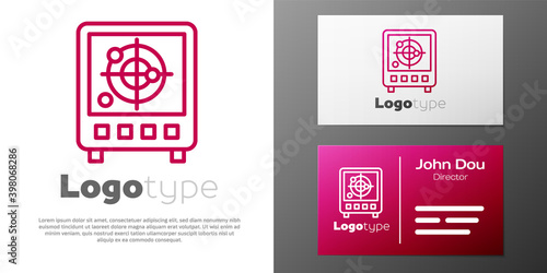 Logotype line Radar with targets on monitor in searching icon isolated on white background. Search system. Navy sonar. Logo design template element. Vector.