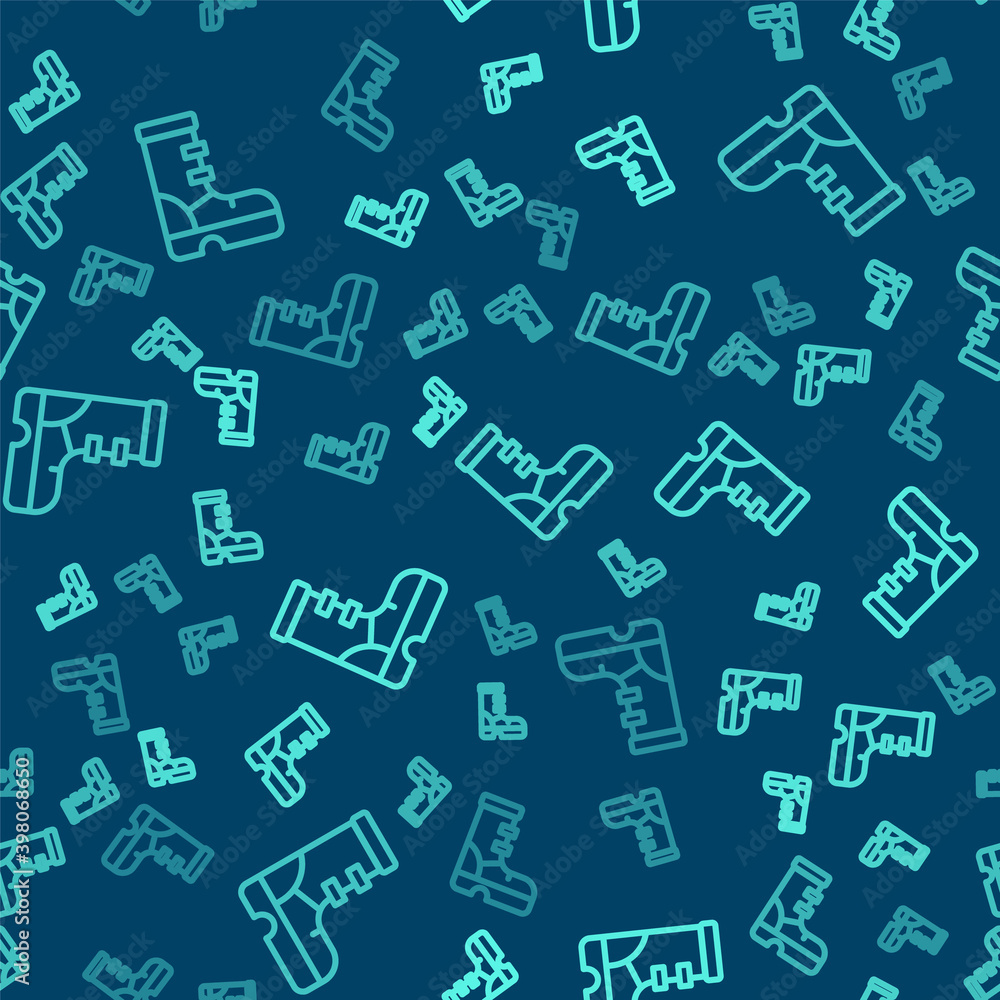 Green line Waterproof rubber boot icon isolated seamless pattern on blue background. Gumboots for rainy weather, fishing, gardening. Vector. Green line Waterproof rubber boot icon isolated seamless pattern on blue background. Gumboots for rainy weather, fishing, gardening. Vector.