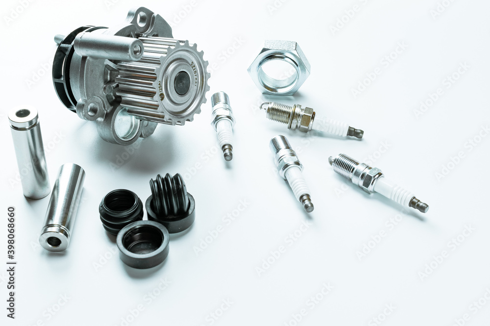 Car construct. Set of new metal car part. Auto motor mechanic spare or automotive piece isolated on white background. Technology of mechanical gear. Car construct. Set of new metal car part. Auto motor mechanic spare or automotive piece isolated on white background. Technology of mechanical gear.