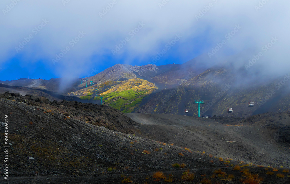 Landscape with cableway on mount Etna, Sicily, Italy
