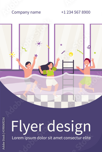 Happy children having fun in swimming pool. Boys and girls in swimwear enjoying activities in family fitness club. Flat vector illustration for swimming class for kids concept