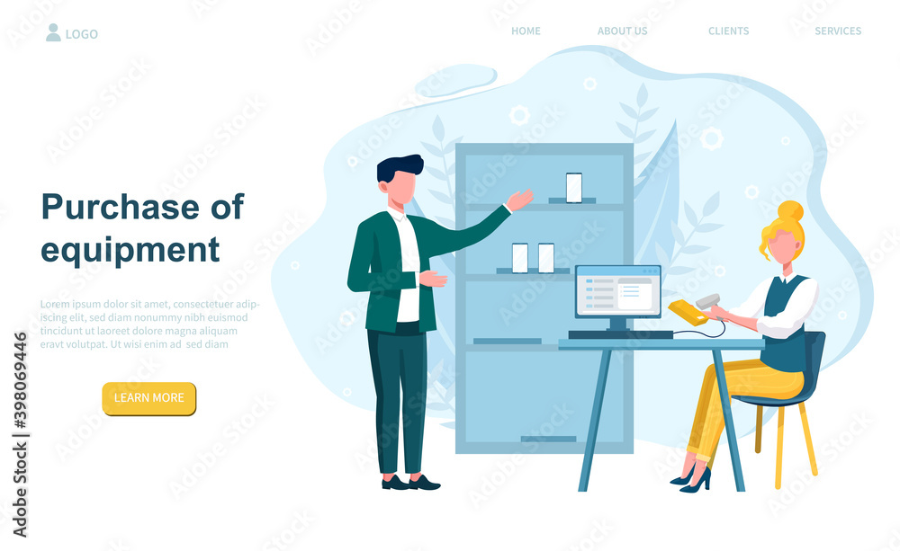 Obraz premium Purchase of equipment. Man buying special equipment in electronics center mall room and standing near counter. Website, web page, landing page template