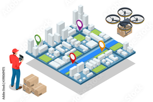 Isometric Drone delivery City . Quadcopter carrying a package to customer. Delivery of a cardboard box done by air isolated on white background.