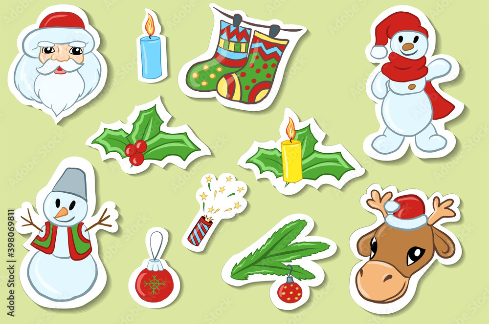 Cute doodle christmas stickers. Vector hand drawn images of candles,santa Claus and other. Merry christmas sticker set Cute doodle christmas stickers. Vector hand drawn images of candles,santa Claus and other. Merry christmas sticker set