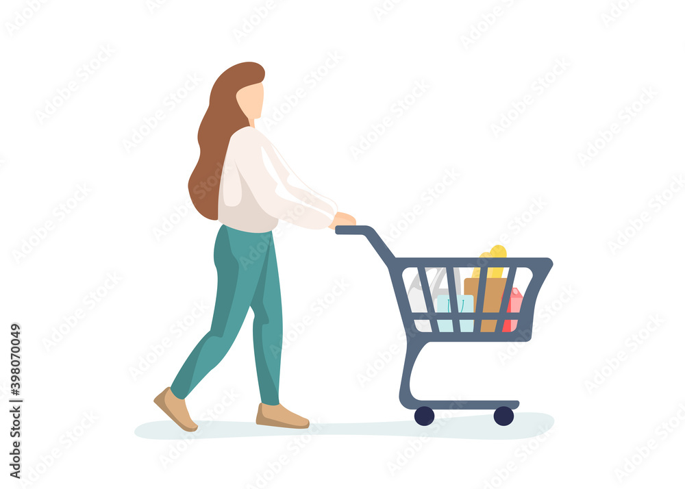 Young woman purchaser carrying supermarket shopping cart full of groceries. Female buyer pushing grocery store basket. Customer with products vector flat eps isolated illustration Young woman purchaser carrying supermarket shopping cart full of groceries. Female buyer pushing grocery store basket. Customer with products vector flat eps isolated illustration