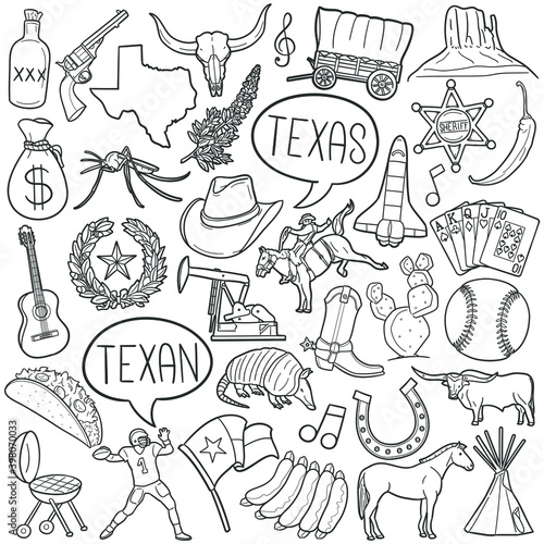 Texas doodle icon set. Texan Vector illustration collection. United States America Banner Hand drawn Line art style.