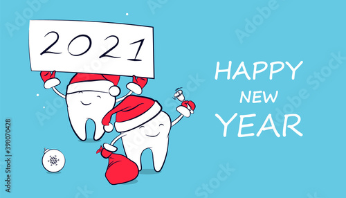 Smiling teeth in a Santa Claus hat with a bag with presents, bell, and banner with the text "2021". Winter holiday symbol,  greeting card. A poster of New Year and Christmas greeting for dentistry.