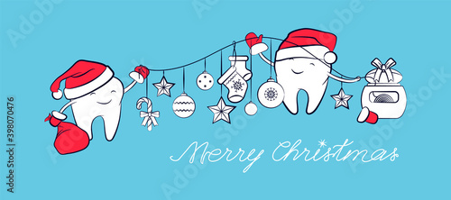 Smiling teeth in a Santa Claus hat with a bag with presents, a bell, and Christmas decorations. Winter holiday symbol,  greeting card. A poster of New Year and Christmas greeting for dentistry.