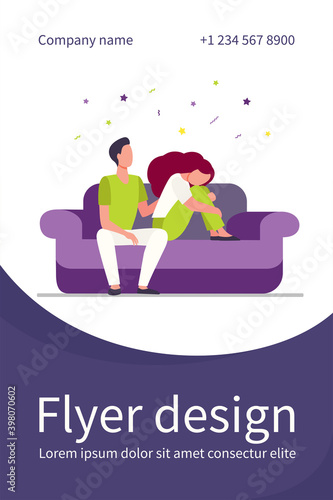 Boyfriend holding shoulder and consoling sad woman. Sofa, family, support flat vector illustration. Depression and melancholy concept for banner, website design or landing web page