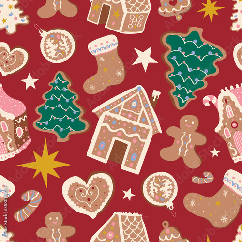 Cute Christmas vector seamless pattern with gingerbread houses and cookies on red background. Winter holidays, sweet, for kids, festive, Christmas treats, cookies, new year, Christmas market
