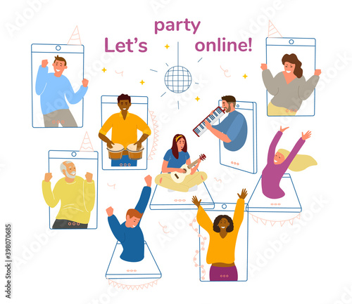 Online Party During Quarantine Concept Vector Illustration. Happy Different Races And Ages People In Smartphones Dancing, Playing Music, Singing.