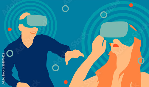 VIRTUAL REALITY concept. Man and woman wearing VR headset and looking at abstract IMMERSE surrounding. 