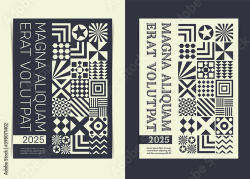 Monochrome Flyer Design Template with Abstract Geometric Patterns. Vector illustration.