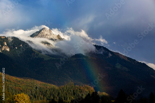 Bavarian mountain Wendelstein with fog and rainbow © BirgitKorber