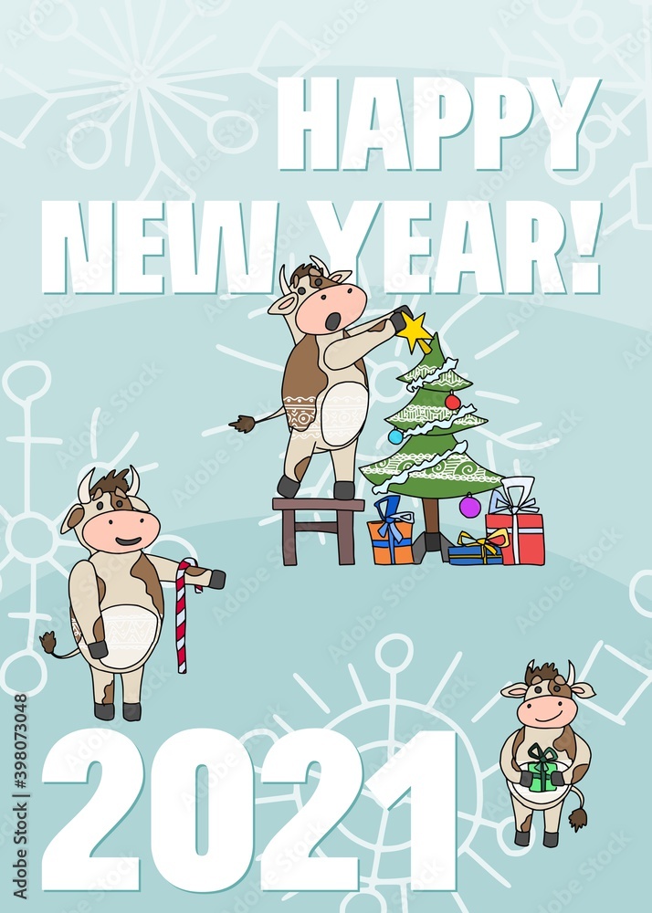 Fototapeta premium New Year greeting card and cow doodle drawing