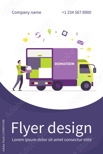 Man carrying box with clothes to donation truck. Courier, volunteer, vehicle flat vector illustration. Volunteering, charity, aid concept for banner, website design or landing web page