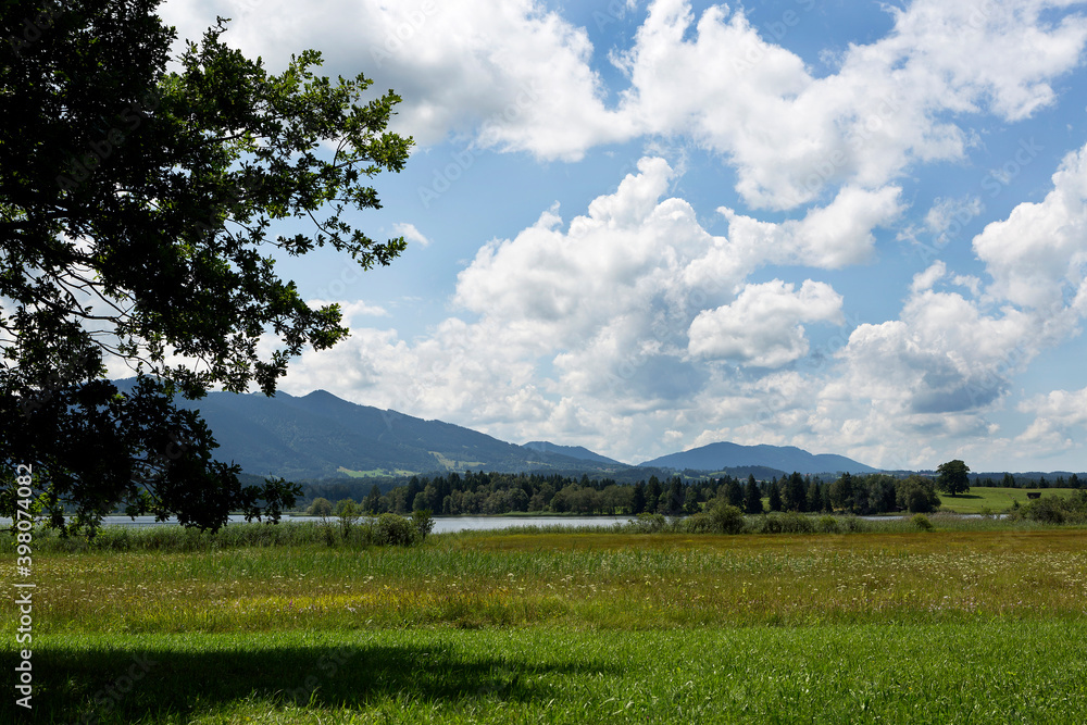 Obraz premium Nature landscape with mountain panorma at lake Staffelsee, Bavaria, Germany